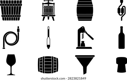 Winemaking and homebrewing equipment vector icon set featuring barrel, press, airlock, hydrometer, and corker.