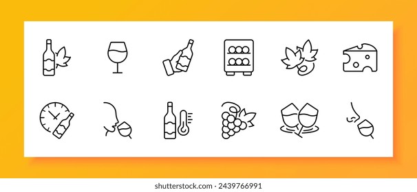 Winemaking icon set. Bottle, grapes, temperature, aging, cheese, snack. Black icon on a white background. Vector line icon for business and advertising