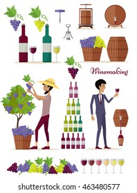 Winemaking icon set. Collection of glasses, types of grapes, bottles, tuns, barrels, openers. Check elite vintage strong wine. Part of series of viniculture production and preparation items. Vector