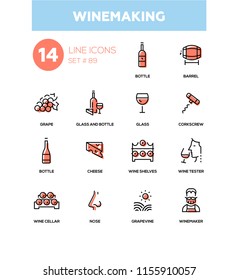 Winemaking - modern line design icons set. High quality black pictograms. Bottle and glass, barrel, grape, corkscrew, cheese, wine shelves, tester, cellar, nose, grapevine, winemaker