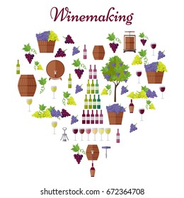 Winemaking poster in heart shape that includes basket of grapes, wine in bottle and glass, wooden barrel and metal corkscrew vector illustration