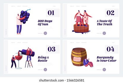 Winemaking Process and Degustation Website Landing Page Set. Winemaker Holding Grapes Bunch, Women Stomping Grape in Barrel, People Tasting Wine Web Page Banner. Cartoon Flat Vector Illustration