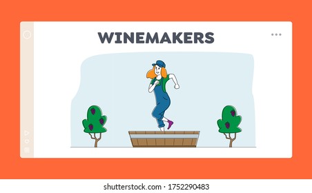 Plantilla de la página de inicio del proceso de generación de Windows. Mujer abandonando la uva en vivero de madera. Festival de Cosecha, Tecnología de Producción de Vino. Personaje Winemaker Prepare Uvas. Ilustración de vectores lineales