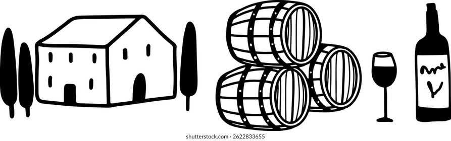 Winemaking. The process of making wine. Drawing, engraving, ink, line art, vector