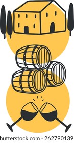 Vinificación. El proceso de elaboración del vino. Dibujo, grabado, tinta, arte lineal, Vector	
