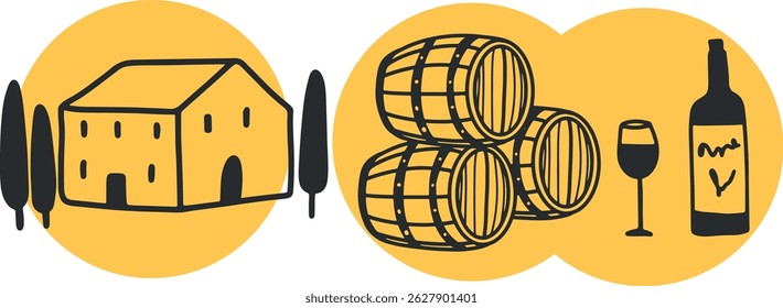 Winemaking. The process of making wine. Drawing, engraving, ink, line art, vector	
