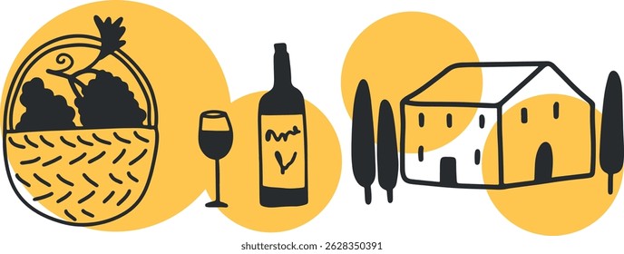 Vinificação. O processo de fazer vinho. Desenho, gravação, tinta, arte vetorial	
