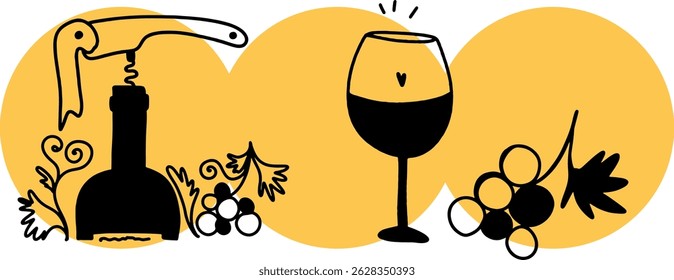 Vinificación. El proceso de elaboración del vino. Dibujo, grabado, tinta, arte lineal, Vector	
