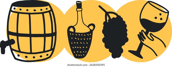 Winemaking. The process of making wine. Drawing, engraving, ink, line art, vector	
