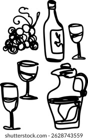 Vinificação. O processo de fazer vinho. Desenho, gravação, tinta, arte vetorial	