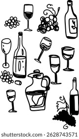 Winemaking. The process of making wine. Drawing, engraving, ink, line art, vector	