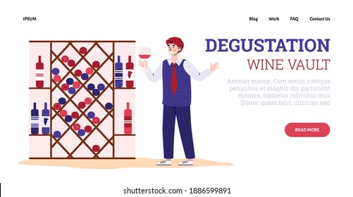 Winemaking process. Winemaker sommelier is holding wineglass and degustation red grape wine. Wine cellar with bottles alcohol drink. Vector illustration. Landing page template.