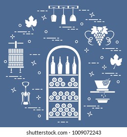 Winemaking: the production and storage of wine. Culture of drinking wine. Design for announcement, advertisement, print.