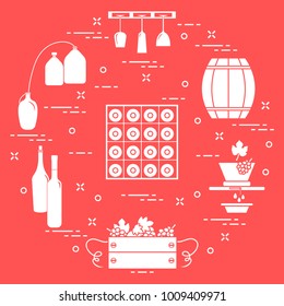 Winemaking: the production and storage of wine. Culture of drinking wine. Design for announcement, advertisement, print.