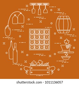 Winemaking: the production and storage of wine. Culture of drinking wine. Design for announcement, advertisement, print.