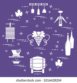 Winemaking: the production and storage of wine. Culture of drinking wine. Design for announcement, advertisement, print.