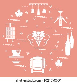 Winemaking: the production and storage of wine. Culture of drinking wine. Design for announcement, advertisement, print.