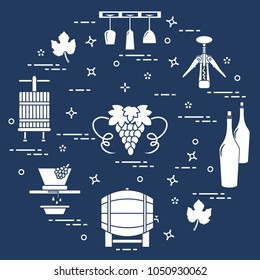 Winemaking: the production and storage of wine. Culture of drinking wine. Design for announcement, advertisement, print.