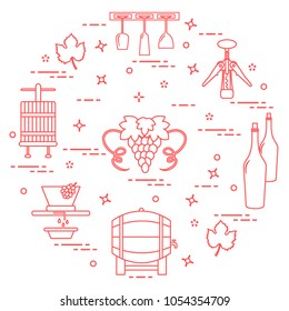 Winemaking: the production and storage of wine. Culture of drinking wine. Design for announcement, advertisement, print.