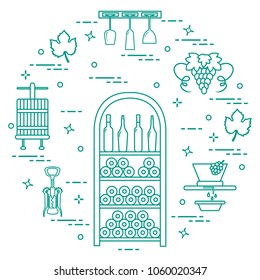 Winemaking: the production and storage of wine. Culture of drinking wine. Design for announcement, advertisement, print.
