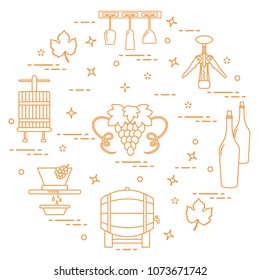 Winemaking: the production and storage of wine. Culture of drinking wine. Design for announcement, advertisement, print.