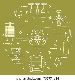 Winemaking: the production and storage of wine. Culture of drinking wine. Design for announcement, advertisement, print.