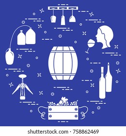 Winemaking: the production and storage of wine. Culture of drinking wine. Design for announcement, advertisement, print.