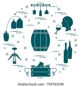 Winemaking: the production and storage of wine. Culture of drinking wine. Design for announcement, advertisement, print.