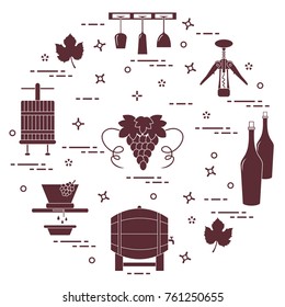 Winemaking: the production and storage of wine. Culture of drinking wine. Design for announcement, advertisement, print.