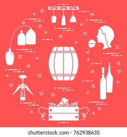 Winemaking: the production and storage of wine. Culture of drinking wine. Design for announcement, advertisement, print.