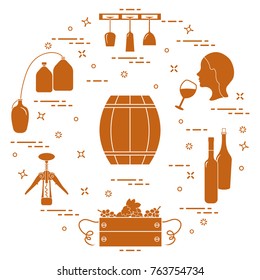 Winemaking: the production and storage of wine. Culture of drinking wine. Design for announcement, advertisement, print.