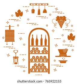 Winemaking: the production and storage of wine. Culture of drinking wine. Design for announcement, advertisement, print.