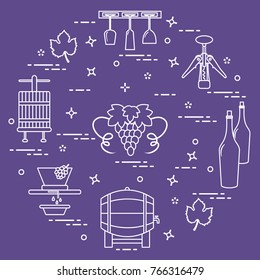 Winemaking: the production and storage of wine. Culture of drinking wine. Design for announcement, advertisement, print.