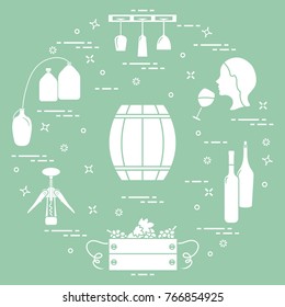Winemaking: the production and storage of wine. Culture of drinking wine. Design for announcement, advertisement, print.