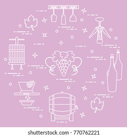 Winemaking: the production and storage of wine. Culture of drinking wine. Design for announcement, advertisement, print.