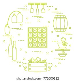 Winemaking: the production and storage of wine. Culture of drinking wine. Design for announcement, advertisement, print.