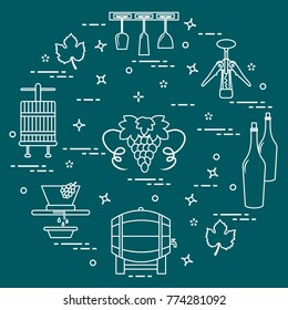 Winemaking: the production and storage of wine. Culture of drinking wine. Design for announcement, advertisement, print.