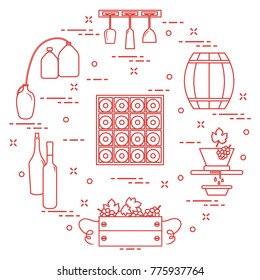 Winemaking: the production and storage of wine. Culture of drinking wine. Design for announcement, advertisement, print.