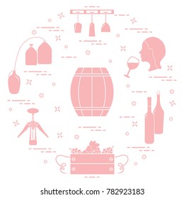 Winemaking: the production and storage of wine. Culture of drinking wine. Design for announcement, advertisement, print.