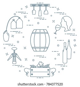 Winemaking: the production and storage of wine. Culture of drinking wine. Design for announcement, advertisement, print.