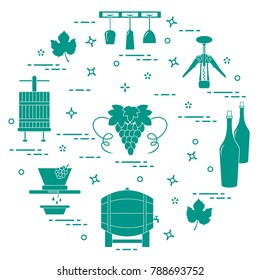 Winemaking: the production and storage of wine. Culture of drinking wine. Design for announcement, advertisement, print.
