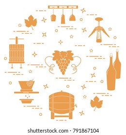 Winemaking: the production and storage of wine. Culture of drinking wine. Design for announcement, advertisement, print.