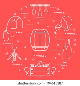 Winemaking: the production and storage of wine. Culture of drinking wine. Design for announcement, advertisement, print.