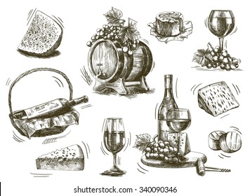 winemaking. set of sketches on a white background