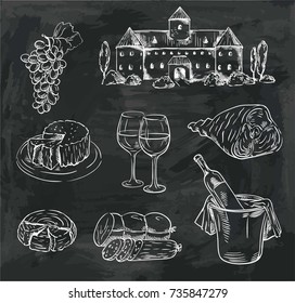 winemaking. set of vector sketches on black