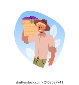 Winemaking tradition. Vector image of a worker carrying grapes in a basket. The flat illustration captures the essence of the grape harvest. Sticker design on isolated background.