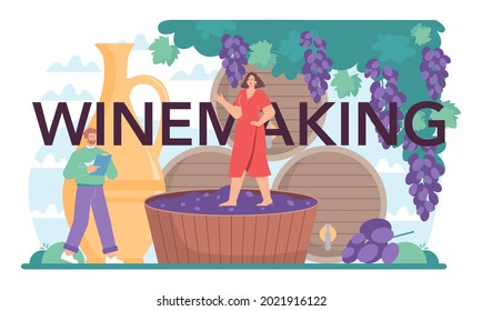 Encabezado tipográfico de Winemaking. Vino de uva en barril de madera, botella de vino tinto. Desarrollo, exposición y muestreo de los receptores, selección de uvas. Ilustración vectorial plana