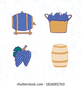 Winemaking vector illustration. Basket of grapes, barrels of wine, bunch of grapes illustration for design of flyers, posters, cards, sites. Doodle.