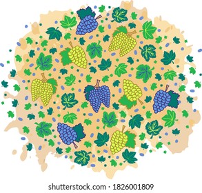 Ilustración vectorial de vinificación. Uvas azules y verdes, ilustración de hojas de uva para el diseño de folletos, carteles, tarjetas de invitación, sitios. Doodle. Cuadrado