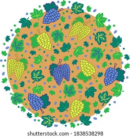 Winemaking vector illustration. Blue and green grapes, grape leaves illustration for design of flyers, posters, invitation cards, sites. Doodle. 